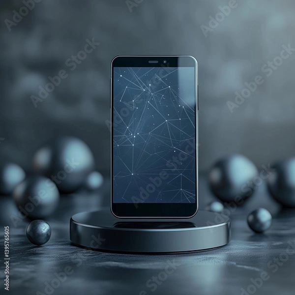 Fototapeta Smartphone Mockup on Pedestal with Dark Futuristic Background