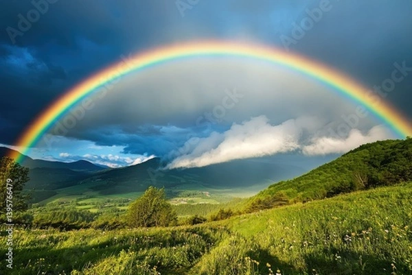 Fototapeta A vibrant rainbow arcs over a lush green landscape with mountains and cloudy skies in the background