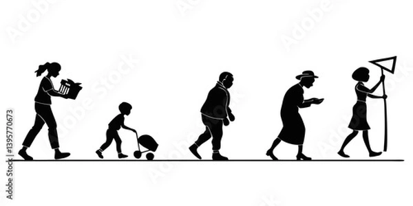 Fototapeta Silhouettes of People Walking Through Life Stages: Aging Process in Black and White Art