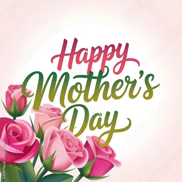 Obraz Happy mothers day text in green and pink gradient with blooming roses on soft background floral celebration
