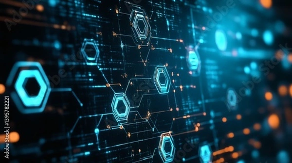 Obraz A complex digital network of glowing hexagonal data structures.