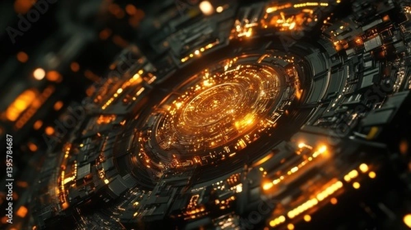 Fototapeta Close-up of Glowing Quantum Chip with Intricate Bins