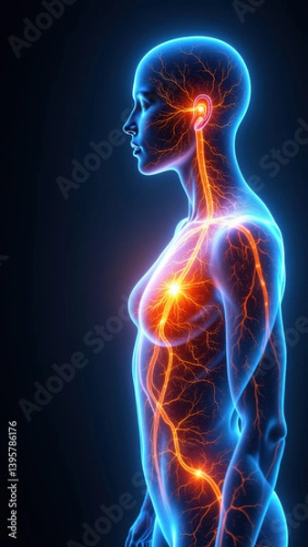 Fototapeta A 3D rendering of a person's head and torso with the vns system highlighted.