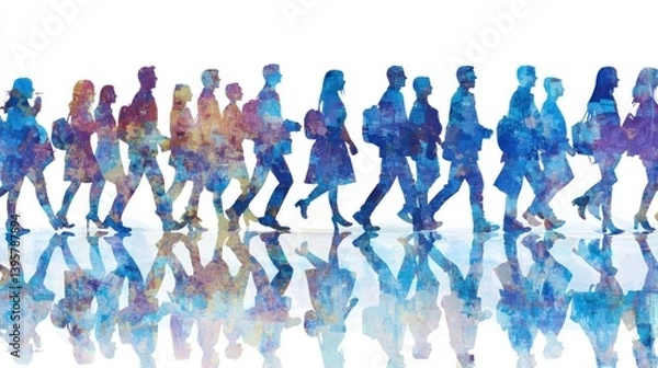 Obraz Diverse crowd walking, city background, teamwork concept, website banner