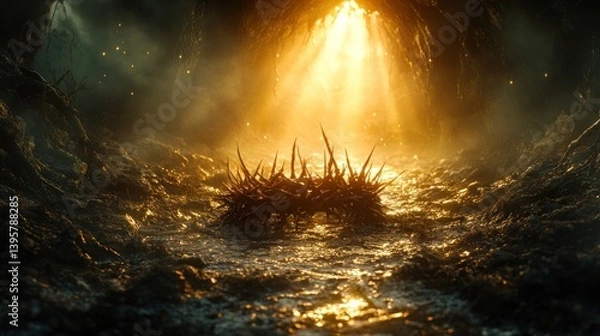 Obraz Crown of thorns in dark cave, sunlight beams, mystical background; faith concept