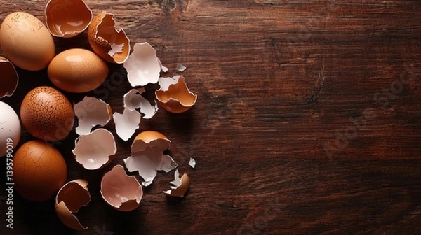 Obraz Broken eggshells and whole eggs on wood, rustic kitchen background, food preparation