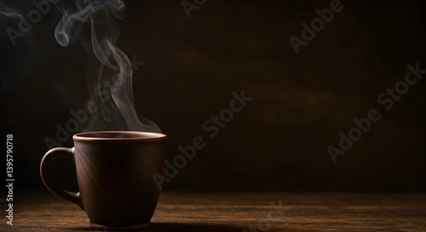 Fototapeta Rustic Cup Of Steaming Herbal Tea On Dark Wooden Surface Still Life