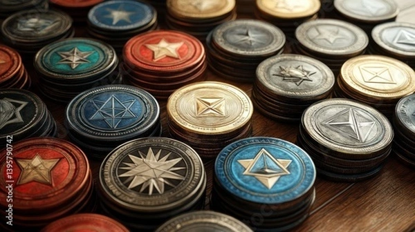 Obraz Stacks of fantasy coins on wooden table