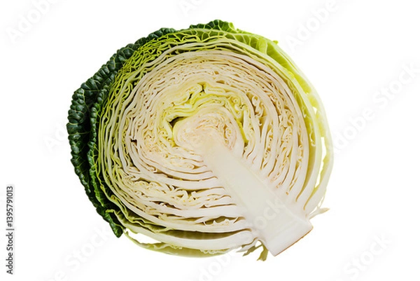 Fototapeta A Perfectly Halved Savoy Cabbage, Ready for Cooking isolated on transparent background , cutout