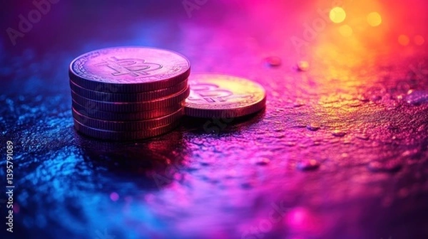 Obraz Bitcoin stack, neon light, wet surface, crypto investment
