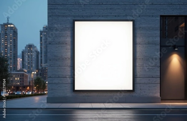 Obraz Blank white billboard on brick wall modern building at night. Cityscape backdrop, backlights, copy space for advertising poster or marketing. Empty advertising space at street.