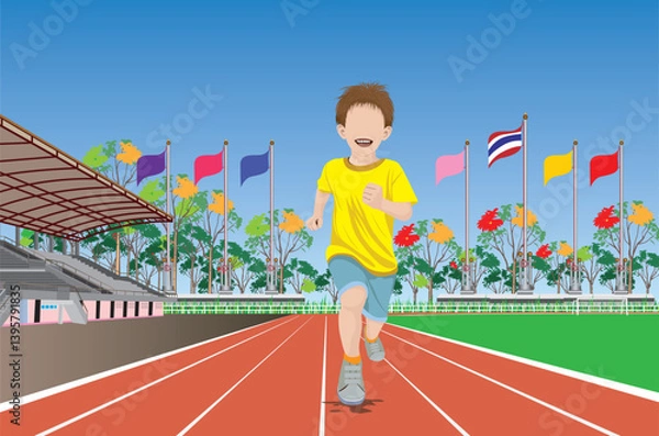 Fototapeta One athlete is practicing running in running track, vector design.