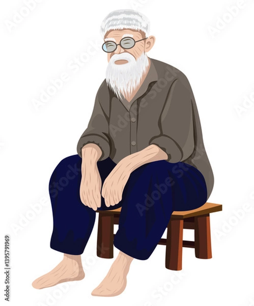 Fototapeta An old man sits on a wooden stool.vector design