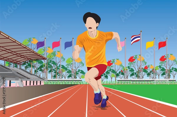 Fototapeta One athlete is practicing running in running track, vector design.