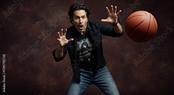 Fototapeta Enthusiastic man playing with a basketball against textured backdrop in studio setting