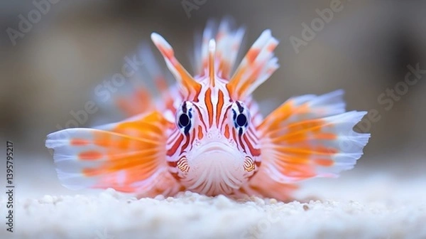 Fototapeta Vibrant, detailed close-up of a small, colorful fish, likely a lionfish, resting on a sandy substrate.  