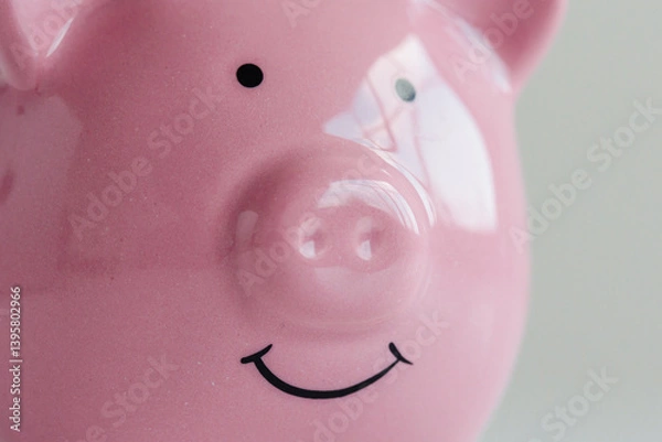 Fototapeta Smiling pink piggy bank with glossy finish on a light background showcasing savings potential