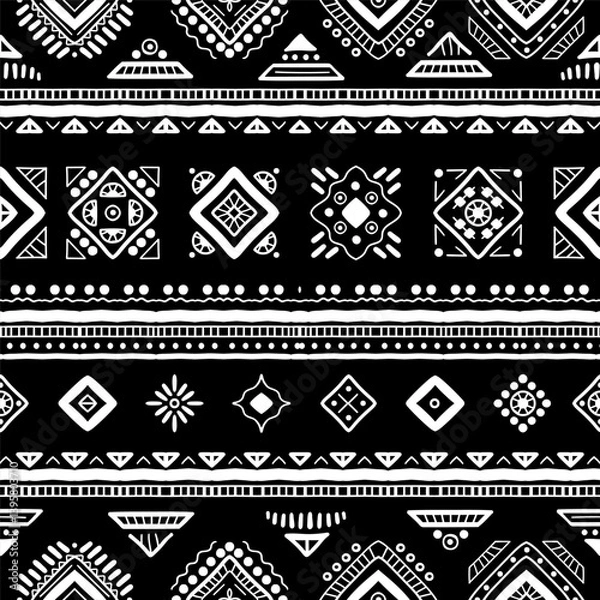 Fototapeta Black and white Ethnic seamless in native style. Vector pattern with African art decoration tribal geometric shape symbols. Folk background vector. Tent boarder backdrop. Abstract Aztec line motif