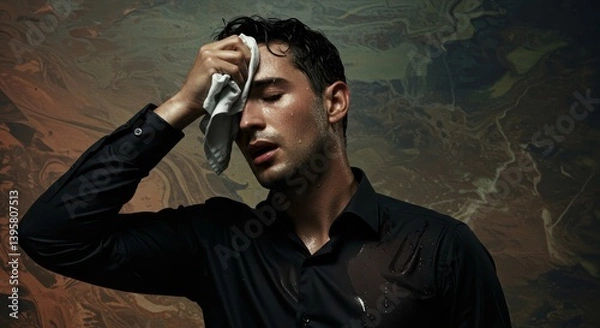 Fototapeta Portrait of a perspiring man wiping his forehead on an abstract backdrop