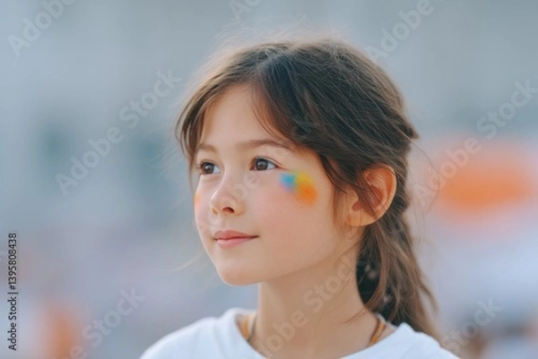 Fototapeta child with colorful face paint at summer festival blurred background