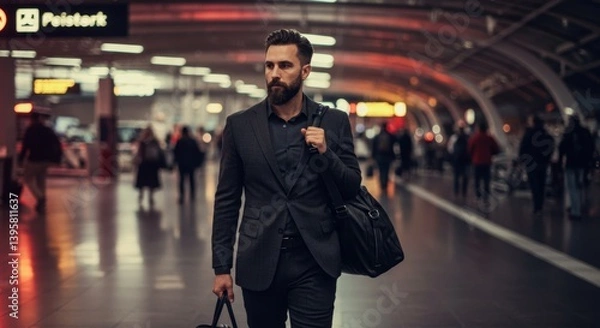 Fototapeta Stylish bearded professional walking through a modern airport terminal