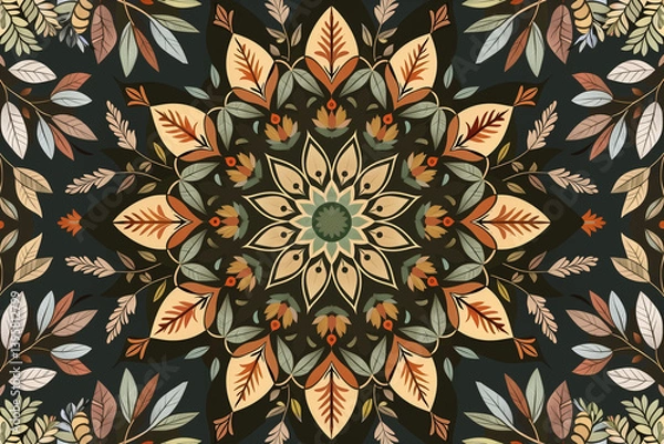 Fototapeta A mandala design background incorporating natural elements like leaves, flowers, and vines, arranged in a symmetrical, radial pattern with earthy tones.