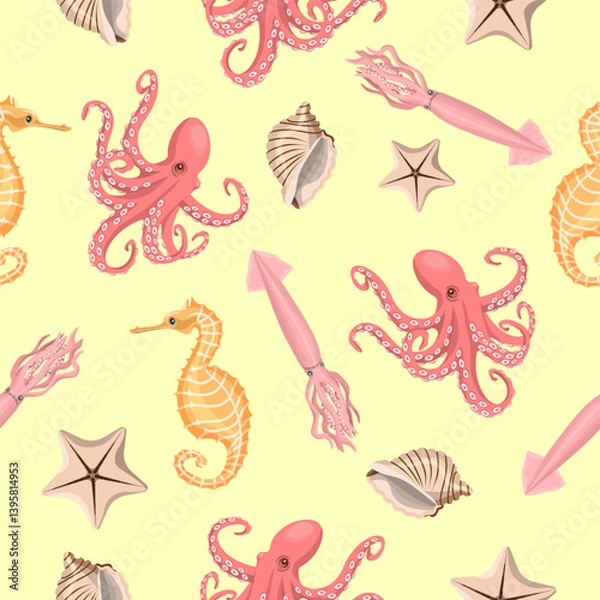 Obraz Seamless pattern of seahorse,octopus, starfish and seashell on a light yellow background.Vector pattern for textiles, backgrounds, and summer designs.
