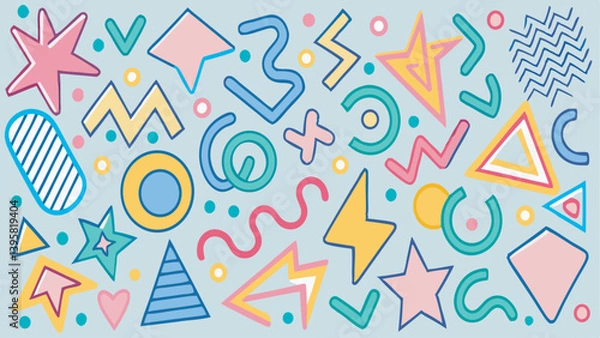 Fototapeta Modern Basic Shapes Set — Star, Arrow, Triangle, Circle, Heart, Zigzag, Spiral, and Wavy Lines. Trendy Memphis Geometric Pattern with a Cool Abstract Retro 80s, 90s Style. Fun and Cute Doodle Design f