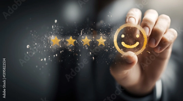 Fototapeta Hand drawing a glowing smiley face and five stars, symbolizing excellent customer satisfaction, positive feedback, and quality service in a professional setting.