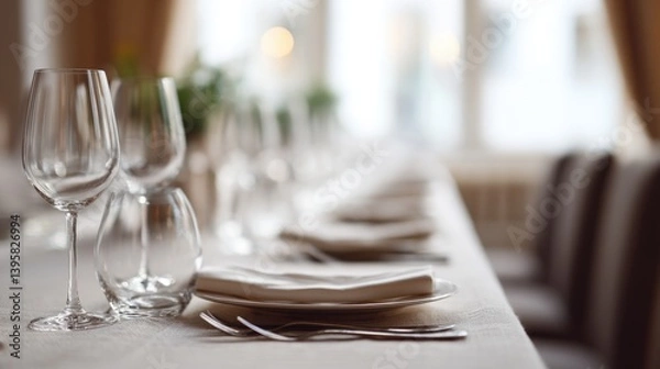 Obraz long elegant dining table set for gala dinner with elegantly arranged silverware minimalist decor and inviting atmosphere
