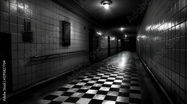 Obraz Dark hospital corridor, checkered floor, dim lights, mysterious atmosphere, horror film setting