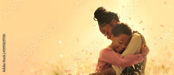 Fototapeta happy mother's day 2025 modern, sunny design with tender pair: african mother and her son hugging over bright, positive background; copy space
