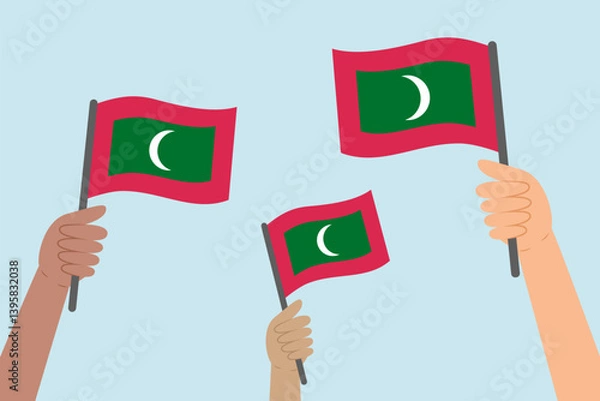Obraz Diverse people hands raising flags of Maldives. Vector illustration of Maldive islands flags in flat style on blue background.