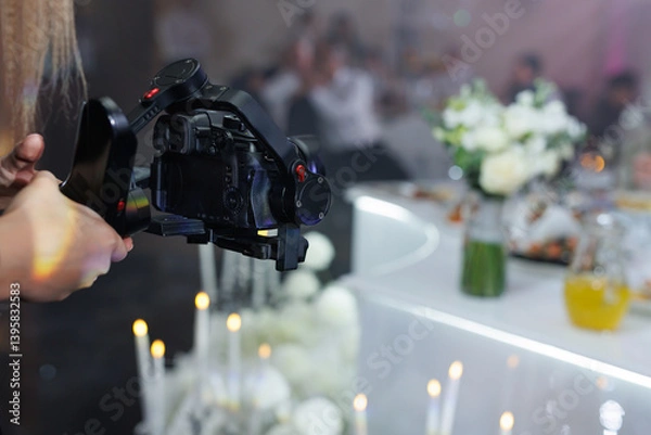 Fototapeta Cameraman filming a wedding reception with a professional video camera.