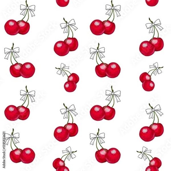 Fototapeta Seamless pattern of  watercolor cherries with green stems tied contour white bow on a white background. 