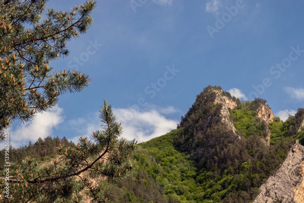 Obraz Silhouette of mountain peaks on a clear day. A chain of mountain peaks against a blue sky without clouds. Mountain slopes are covered with sparse greenery.