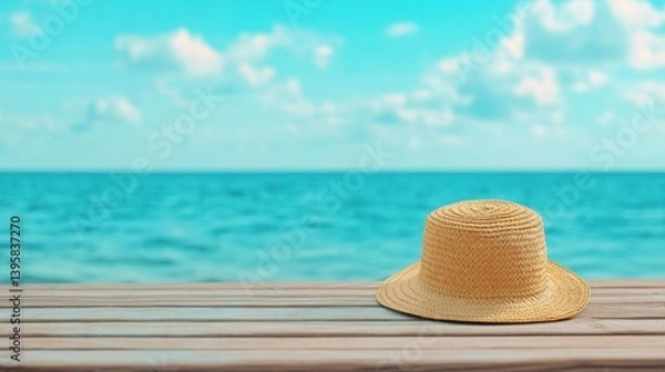 Fototapeta A stylish woven straw hat resting on a rustic wooden table, gentle ocean breeze lifting its edges