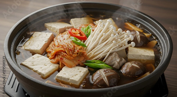 Fototapeta Authentic Korean Kimchi Jjigae Stew Featuring Tofu And Enoki Mushrooms