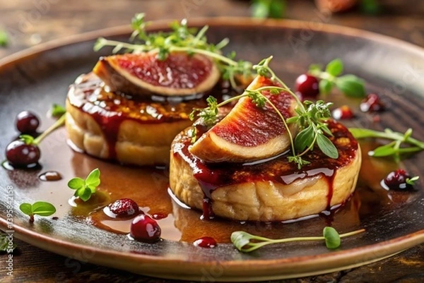 Fototapeta Gourmet Foie Gras Appetizer: Seared Foie Gras with Fig Jam and Balsamic Glaze