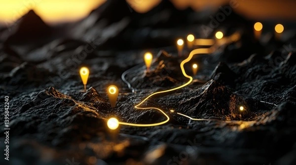 Fototapeta Glowing path across dark mountains; sunset backdrop; journey concept