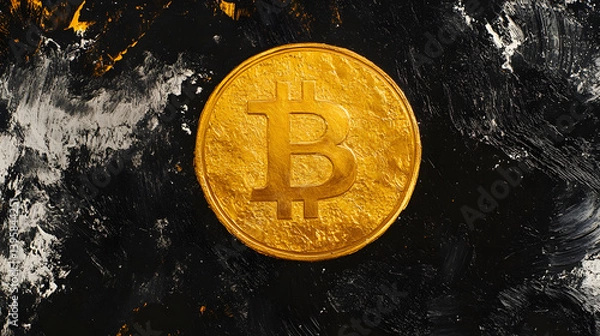 Fototapeta Golden Bitcoin on Artistic Background: A close-up shot of a gleaming, golden Bitcoin coin resting on an artistic background, capturing the essence of digital currency and investment.