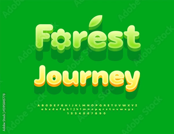 Fototapeta Vector Creative template Forest Journey. Green Isometric Font. Bright Decorative Alphabet Letters and Numbers set.