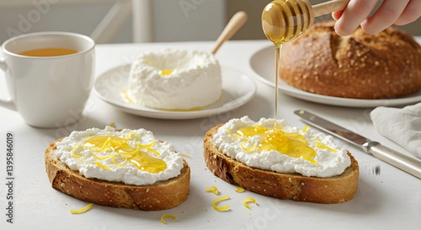 Fototapeta Light And Fresh Breakfast Featuring Ricotta Cheese On Toast With Honey Zest