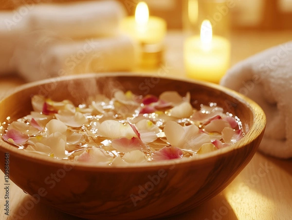 Fototapeta Wooden spa bowl with flower petals and candles in warm light