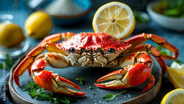 Obraz Delicious crab dish with lemon and colorful garnishes