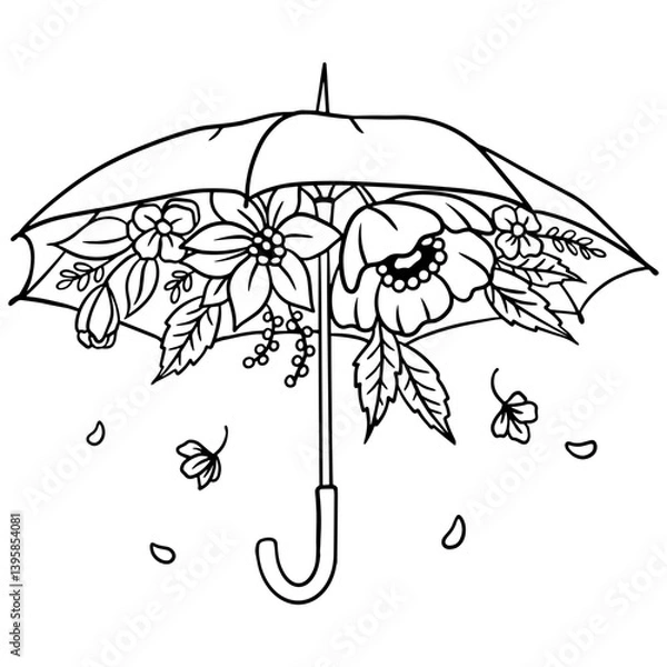 Obraz Elegant floral umbrella illustration with detailed flowers and leaves. Black and white line art design for spring, rain or botanical themes.