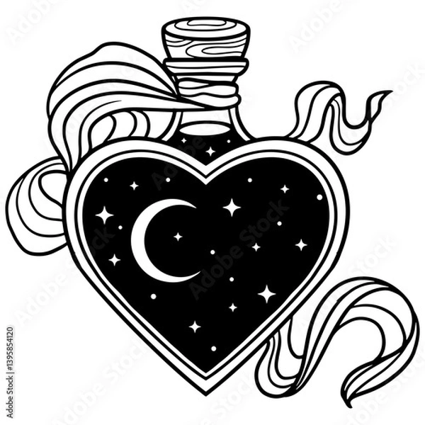 Fototapeta Vector illustration of a heart-shaped magic potion bottle with moon and stars inside, decorated with ribbons.