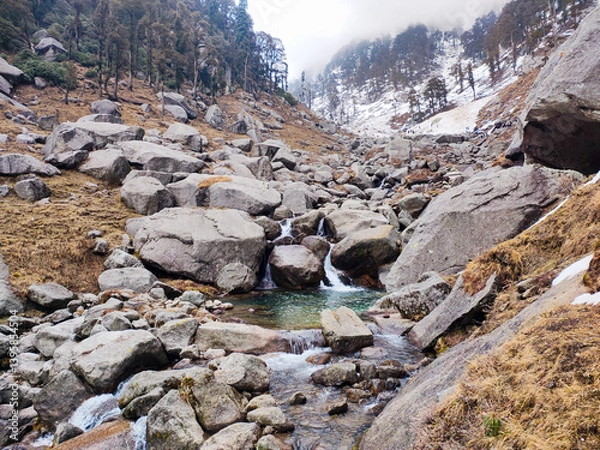 Fototapeta A beautiful waterfall flowing through some rocks in the Jungle of Kareri, Dharamshala, Himachal Pradesh, india
