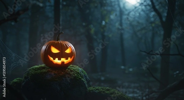 Fototapeta A glowing jack o lantern sitting on moss in a dark forest on a halloween night scene setting