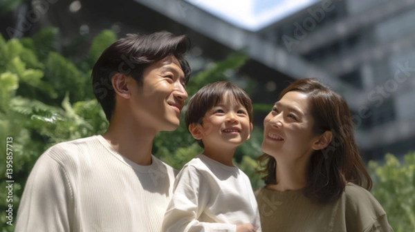 Fototapeta happy family enjoys sunny day in serene garden setting, surrounded by lush greenery. parents and their child share joyful moment, smiling warmly at each other